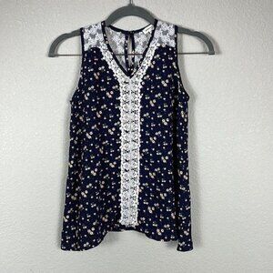 Monteau Floral Lace Sleeveless Top Navy Blue White Girls Sz 14 L